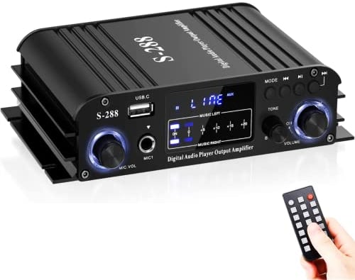 S-288 Amplificatore di potenza Bluetooth 5.0 50Wx4, 1600W 4.1 CH Hi-Fi altoparlanti integrati, USB/FM/MIC Amp Home Audio Receiver System con telecomando e adattatore di alimentazione DC 12V 5A