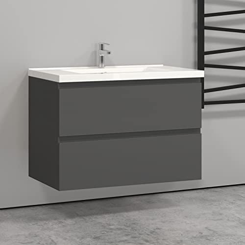 Biubiubath 800mm Wall Hung Basin Vanity Unit Grey 2 Soft Close Drawers 1 Tap Hole Sink Bathroom Toilet Storage Funiture