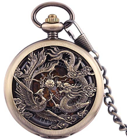 FAMoUsGoods Mens Antike mechanische Taschen-Uhr Lucky Dragon & Phoenix Retro Skeleton Dial mit Kette Herren Taschenuhren