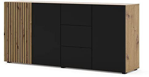 Homlando Kommode AURIS 3D3S 180 cm Sideboard Highboard Schrank mit 3 Türen 3 Schubladen Artisan Eiche/Schwarz Matt