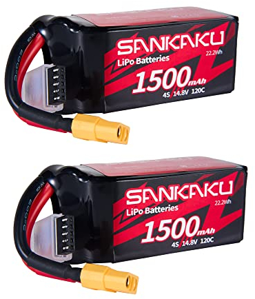 SANKAKU 1500mAh 4S Lipo Batterie 120C 14.8V Batterie Lithium Polymère Emballage Souple avec connecteur XT60 pour RC FPV hélicoptère Drone Quadcopter Racing Hobby 2 pièces