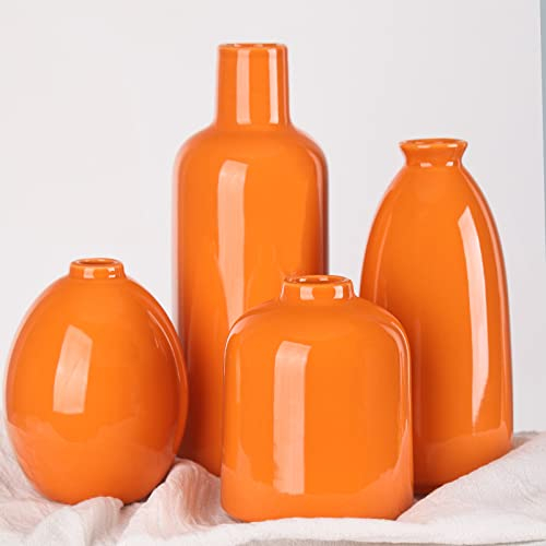 Lot de 4 vases en céramique Orange,4 vases Ronds Orange,Orange Decoration,vases à Fleurs pour décoration d'intérieur Moderne pour Salon,Cuisine,cheminée,Chambre,Table à Manger,Bureau,Centre de Table