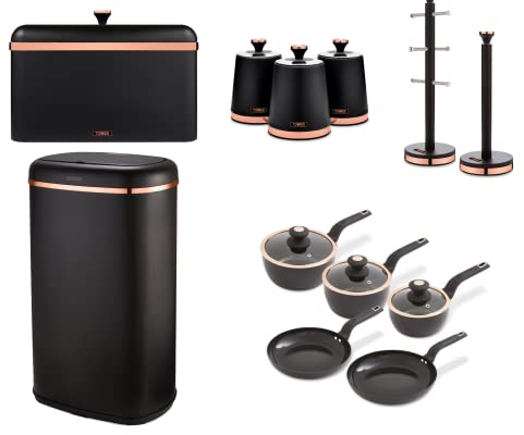 Tower Cavaletto Black & Rose Gold Kitchen Accessories set of 12-58L Sensor Bin, Bread Bin, 3 Canisters, Mug Tree, Towel Pole & 5 Piece Cookware Set. Contemporary Matching Set