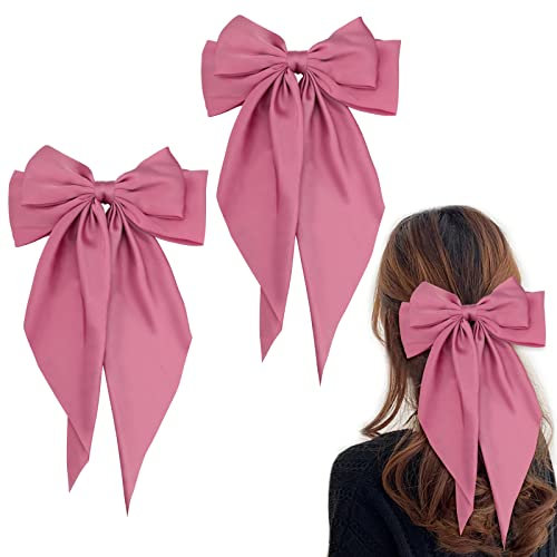 Bekecidi Lot de 2 Pinces à Cheveux avec Grand Nœud, Couleur Unie, Barrette Française avec Long Satin Soyeux, pour Adultes, Adolescents Et Femmes (Rose)