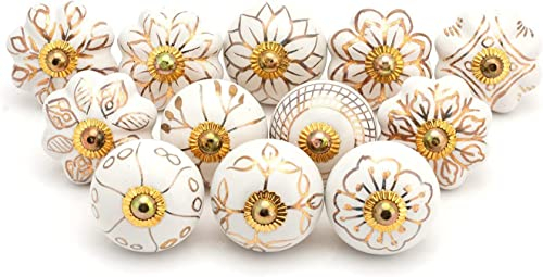 Craft Trade Cabinet Knobs for Kitchen Ceramic Door White Gold Designed Cupboard Draws Knobs for Drawers Assorted Vintage Colorful Furniture - Pack of 20