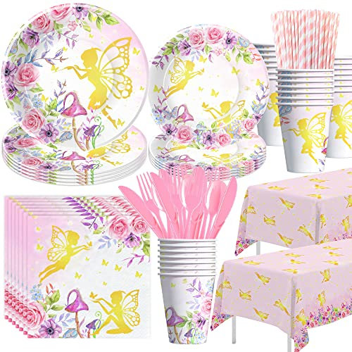 APOWBLS Fairy Birthday Party Supplies - Fairy Party Decorations, Plate, Cup, Napkin, Tablecloth, Cutlery, Floral Gold Fairy Theme Baby Shower Birthday Decorations Spring Tea Party Tableware | Serve 24