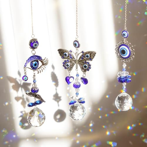 nuyikaso 3 Stück Sonnenfänger Kristall Windspiel Anhänger Teufels Auge Schmetterling Regenbogen Krista Ornament Fensterdeko Hängend für Fenster Haus Garten Weihnachten Tag Party Hochzeit