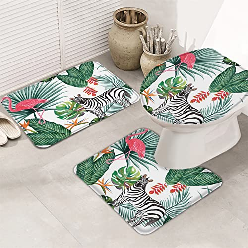 3 Stück Badgarnitur Sommer Tropische Pflanze Flamingo Zebra Contour Badteppich Maschinenwaschbar U-Förmige Pad Schnelltrocknend Wc Garnitur Für Bad, Wc, Dusche