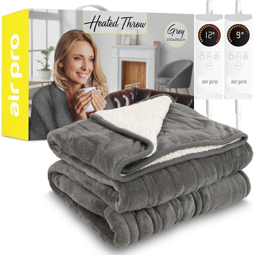 Air Pro Heated Throw - Dual Control Electric Blanket - Digital Controller - Timer up to 9 hours, 6 Heat Settings, Auto Shutoff - Machine Washable - King Size 230x250cm - Grey Shearling