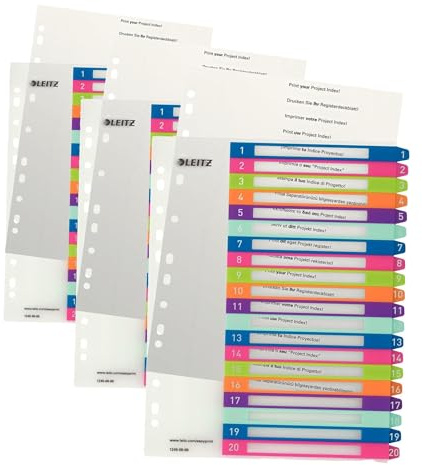 Leitz 1-20 Index, A4, PC Printable, Heavy Duty Plastic, Extra Wide, White/Multi-Coloured, Wow Range, 12450000 (Pack of 3)
