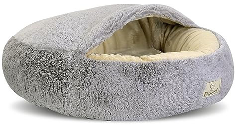 KING DOG Shaggy Fluffy Haustierbett mit Kapuze Bett für Katzen/Hunde Kuschelbett Hundebett Katzenbett Minky-Haar Shaggy 18 mm Silikon-Füllung Hellgrau (Durchmesser: 50 cm)
