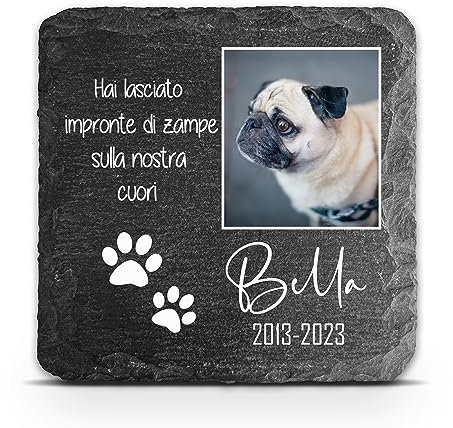 TULLUN Targa commemorativa Personalizzata Grigio Scuro per Animale Domestico marcatore tombale in Pietra d'ardesia - Dimensioni 10x10 cm - Due Zampe Stampa Foto