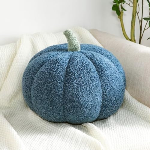 Bettschlange Kürbis Kissen, 3D Kürbis Deko, Halloween Plüsch Kürbis Kissen Gemütliche Herbst Gefüllte Zierkissen für Erntedankfest Weihnachten Schlafzimmer, Stuffed Plush, Blau, 35cm