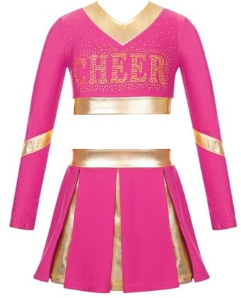 Jowowha 2 Stück Mädchen Cheer Leader Cheerleading Kostüm Langarm Crop Tops + Minirock Halloween Karneval Fasching Schule Tanzkleidung Dunkel Rosa 134-140