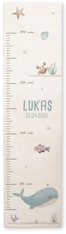 Personalisierte Messlatte für Kinder mit buntem Wunschdruck - 70-140 cm - Größenmesser Kinderzimmer aus Holz - Wand Dekoration Messleiste Kind - Personalisiertes Geschenk Baby (Wal)