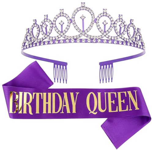 Geburtstag Krone und Schärpe für Frauen, Llila Geburtstagskönigin, Birthday Queen Schärpe und Strass-Diadem-Set, Geburtstagsdekorationen Geschenke 30. 40. 50. 60. Geburtstag