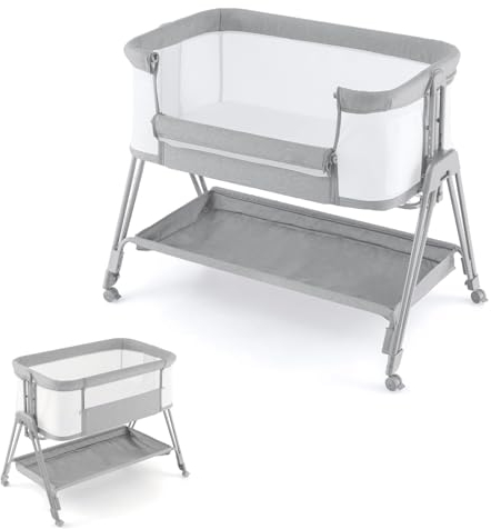 DREAMADE Beistellbett Baby, 7-stufig höhenverstellbar Reisebett mit Matratze & Rollen, Babybett Klappbar mit Verstellbarem Neigungswinkel, für Baby 0-6 Monate bis 9kg (Hellgrau)