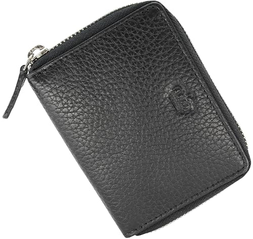 Baur Damen Geldbörse Echt Leder Geldtasche | Mini-Geldbeutel mit RFID Schutz | kleines Portemonnaie mit 6 Kartenfächer | Schein- & Münzfach | Wallet mit Rundumreißverschluss (Schwarz)