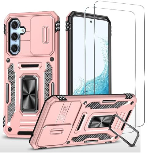 ESONG Antichoc Coque Para Samsung Galaxy A05S 4G,TPU+PC Housse Protection de Qualité Militaire avec Lentille Coulissante Couverture/2* Verre Trempé,Compatible Support De Voiture Magnétique-Or rose