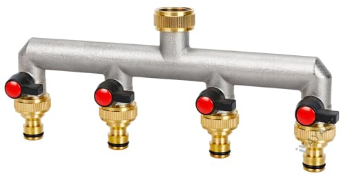 VAYALT 4-Wege Wasserhahn Wasserverteiler, 4-Wege Verteiler Wasser 3/4 Zoll Messing Wasseranschluss Verteile, Gartenschläuche mit 3/4 Adapter, Kugelhahn für großen Garten Bewässerung GartenschläUche
