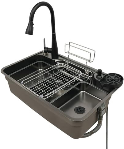 Fregadero de cocina gris oscuro de acero inoxidable con grifo extensible (2 modos de agua), fregadero individual empotrable con cesta de almacenamiento, fregadero multifunción con tubo de desagüe