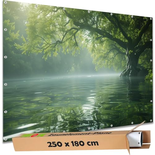 TRIOSK Sichtschutz Garten Deko Zaun Plane Blickdicht groß mit Zaunblende Motiv Flussbaum Nebel Fluss Wasser Baum für Zaunelement Doppelstabmatten Stabmattenzaun Gartenzaun PVC 250x180 cm