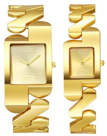 JewelryWe Paar Uhren Rechteckig Partneruhren: Gold Analog Quarz Pärchen Armbanduhr Freundschaftsuhr Herren Damen Lässige Uhr mit Zick Zack Metallarmband und Eckigem Zifferblatt