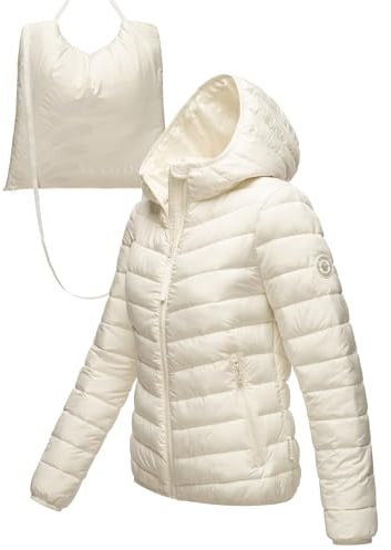 MARIKOO Damen leichte Übergangsjacke Kurze Steppjacke mit innen eingenähter Tragetasche zum einfachen Verstauen und praktischem Umhängen der Jacke Pack Mich EIN Off White Gr. XL