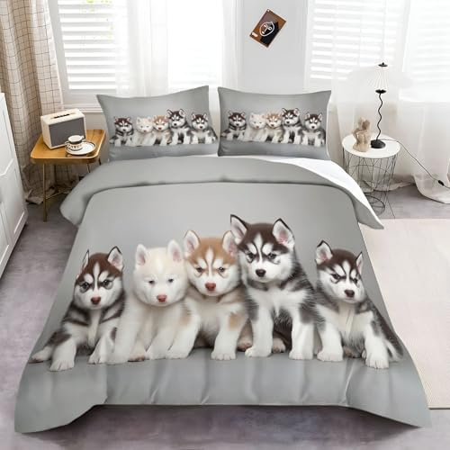 CozyRest Bettwäsche 135x200 cm Grau Husky-Welpe Druck, Mikrofaser Bettbezüge für Kinder und Teens, Hypoallergen Bettwäsche Set mit 2 Kissenbezügen 80 x 80 cm, Für alle Altersgruppen geeignet