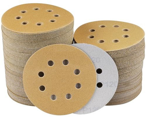 Sruhrak 100 Pcs 125mm Sanding Discs, 120 Grit Nylon Adhesive Sanding Pads 5 Inch 8 Hole Hook and Loop Sanding Disc for Orbital Sander