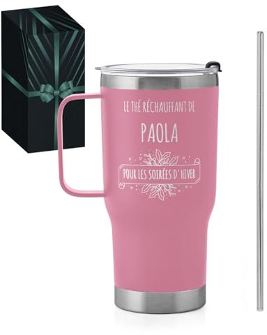 Maverton Mug Isotherme Personnalisable Rose en Acier Inoxydable 600 ml - Gobelet Isotherme avec Paille et Boîte Cadeau - avec brosse de nettoyage - Cadeau Femme Anniversaire hiver