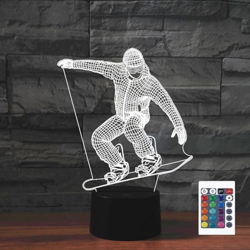 FLRXHK Snowboard 3D-Illusions-Nachtlicht, Touch-Tischlampe mit Fernbedienung, 16 Farben, optisches USB-LED-Nachtlicht für Kinder, Geschenk, Raumdekoration
