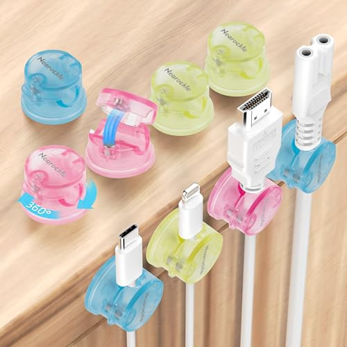 9 Stück [360°Drehbar] Magnetischer Kabelhalter Kabelmanagement Kabelclips, Nearockle Verbesserter Starker Magnetischer Selbstklebender Kabel Organizer für Schreibtisch, Nachttisch (Blau+Gelb+Rosa)