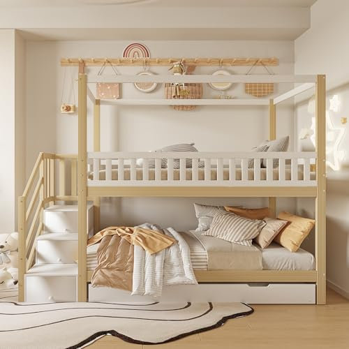 Kinder Etagenbett 90x200 cm, Massivholz-Hausbett mit Ausziehbett, Sicherheitsleiter und Staufach, weiß/Natur Holz, mit Sicherheitsgitter, platzsparend für Kinderzimmer,ohne Matratze