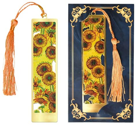 Lesezeichen, Lesezeichen metall, Lesezeichen mit weltberühmten Gemälden, Gold Bookmark mit Quasten Anhänger, Seitenmarker Geschenke für Lehrer, Studenten, Leser, Freunde (Sunflowers)