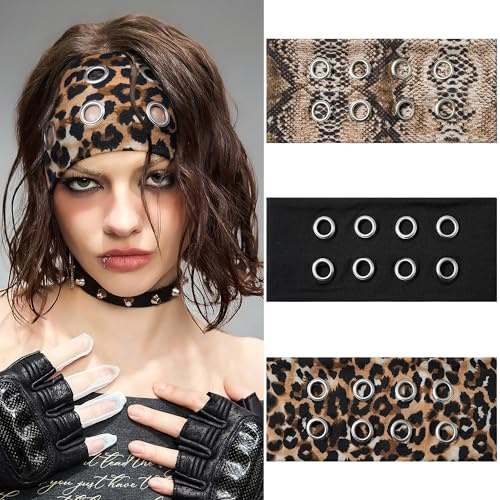 VelvetGlow 3 Pcs Haarband Damen, Mode TüLle Breite AushöHlende öSen Elastische StirnbäNder, Y2k MäDchen Punk Grunge Dehnbares Haaraccessoire (Schwarz, Schlangenhaut, Leopard)