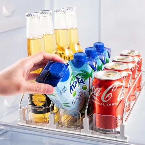 Yeqqzq Automatic Can Dispenser for Fridge, Dink Organiser with Automatic Pusher Glide, Beer Soda Can Organiser Holds up to 12 Can, 3 Rows, 31x25cm