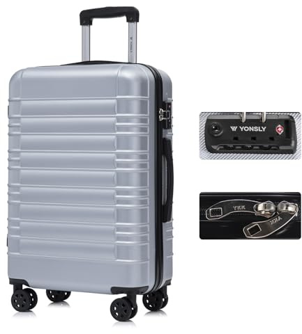 YONSLY Premium Reisekoffer TSA-Schloss,YKK-Reißverschluss Hartschalen-Koffer Trolley Kabinenkoffer Rollkoffer Suitcase Handgepäck 4 Rollen (Silber, L)