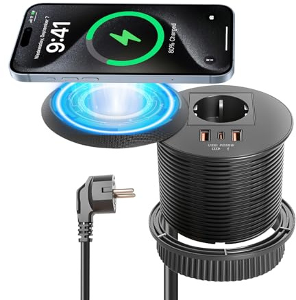 Einbau Steckdose Rund 80 mm mit USB-C PD 20W & 15W Wireless Charging, Versenkbare Tischsteckdose mit Deckel und USB-A/C, Schwarze Einbausteckdose für Schreibtisch und Möbel, 1.5 m Kabel