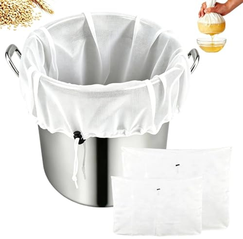 Drawstring Straining Bag 2 Pack, Fine Mesh Strainer Bag 66×56cm/46×40cm, Reusable Polyester Brew Bags for Home Brewing, Wine Making, Nut Milk & Fruit Juice Filtering