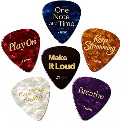 Celluloid Guitar Picks Medium .71mm Guitar Gifts – 6 Plectrums 6 Moods with Inspirational Messages Keep Strumming Play On Breathe – Acoustic Electric Guitar Accessories Gifts Set