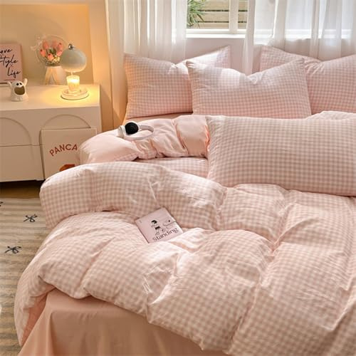 Freyamy Kariert Bettwäsche 135x200 Rosa Weiß Karo Aesthetic Bettwäsche Set | Mädchen Wendebettwäsche, 2teilig Bettwäsche-Sets, Microfaser ÖKO-TEX Bettbezug mit Reißverschluss und 1 Kissenbezug 80x80cm