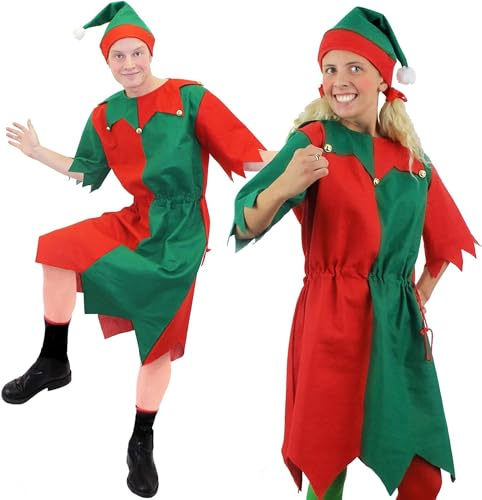 Adults Elf Costume - Small - Green & Red Elf Tunic + Matching Hat With Bobble - Unisex Christmas Fancy Dress Costume - Santa's Little Helper