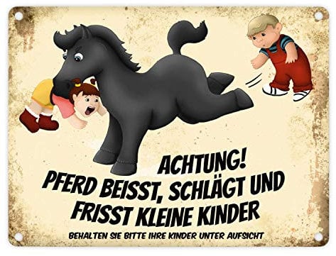 trendaffe Warnschild: Achtung! Pferd beisst, schlägt und frisst kleine Kinder - Aluminium, 15x20 cm