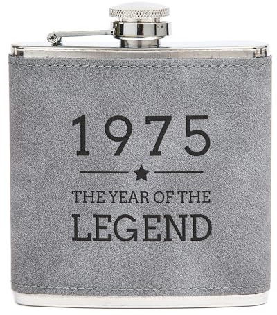 Engraved Grey Hip Flask - 1975 Year of The Legend Design - 50th Birthday Gifts for Men Him - 6oz Leather Wrapped Canteen