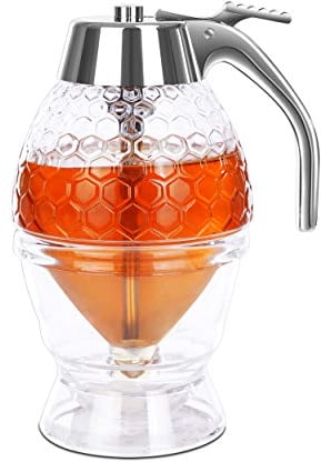 DESIOLE Dispensador de miel acrílico con soporte, gran tarro de jarabe con alta capacidad, hermosa olla de miel