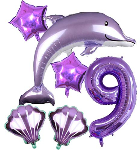 DIWULI Delfin Ballon Set 9 Jahre Lila Meer Motto-Party Deko