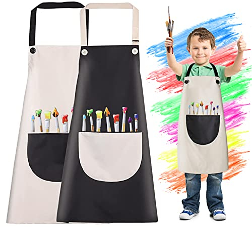 2 Stück Malschürze Kinder,Kinder Schürz,Kochschürze Kinder Jungen Mädchen,Küchenschürze Malschürze,Kinder Schürzen Set mit Taschen,Verstellbare Kleinkind Kochschürze für Basteln Malen Backen Kochen