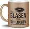 Tassendruck Glitzertasse - Erst Blasen dann Schlucken - Zweideutig, Kollegin, Freundin, Sexy-Tasse mit Spruch, Glitter - Hochwertige Keramik, Gold, 300 ml