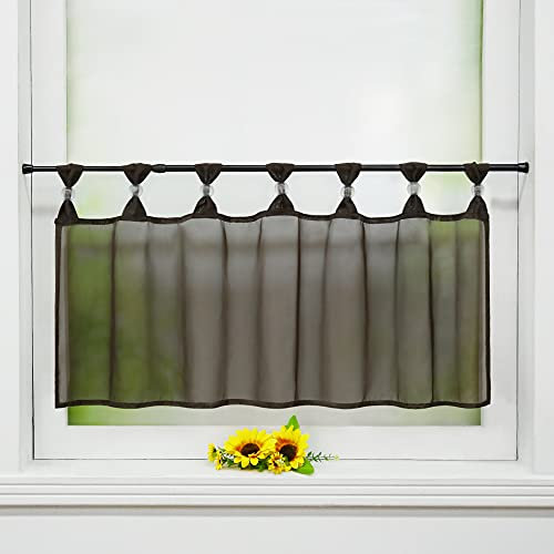 Delien Uni Scheibengardine Voile Bistrogardinen mit Schlaufen Küche Kurzstore Einfarbige Transparente Kurzgardine Cafe Stores Gardine Kurzer Vorhang BxH 145x45cm,Kaffee